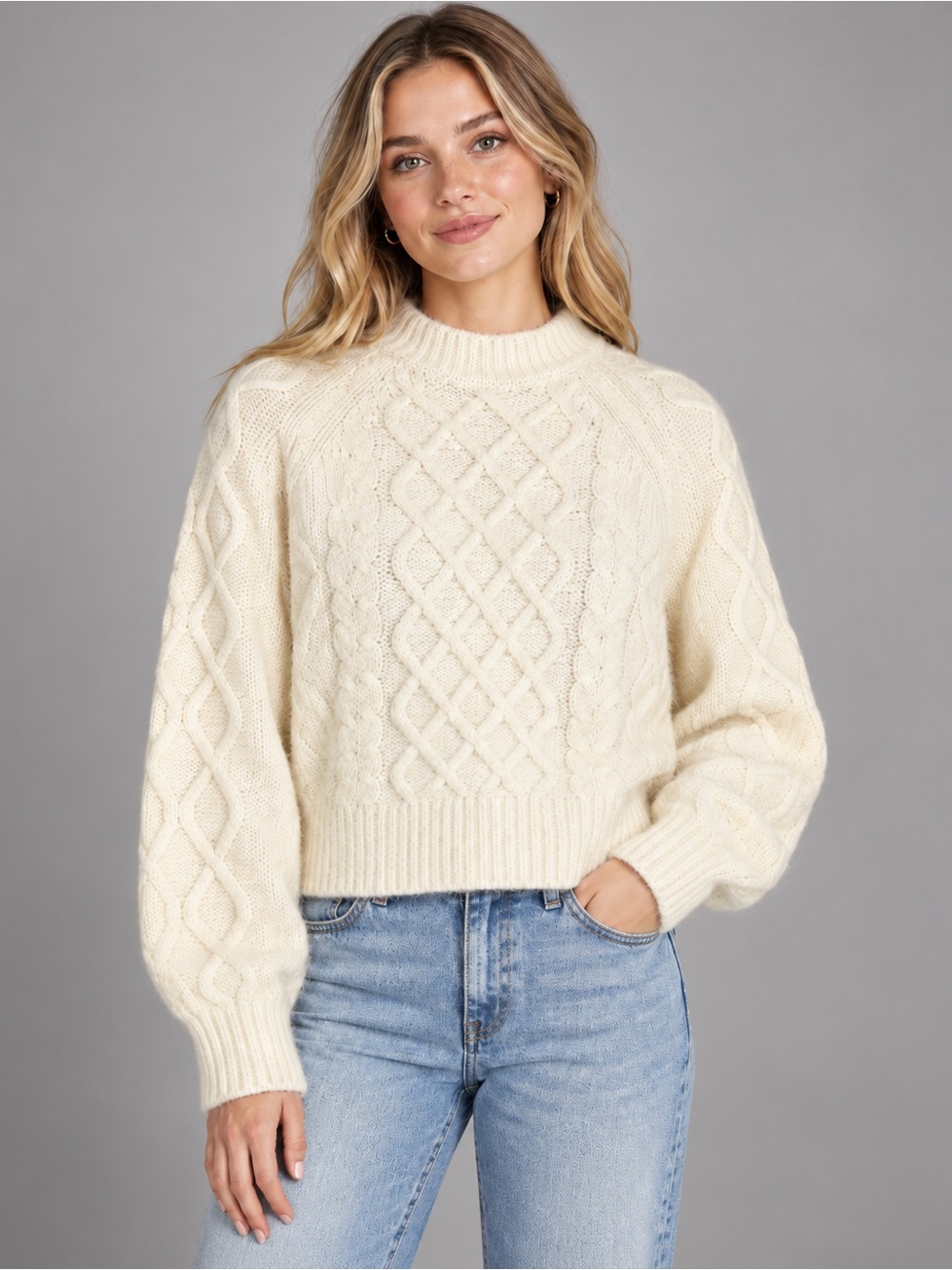 Black Tape Cream Cable Knit Mock Neck Sweater Women’s Cozy Cropped Pullover